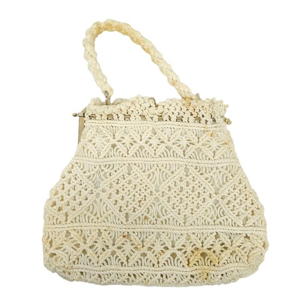 Vintage Crochet Handbag AS-IS READ Rope Handle Boho Purse Clasp Closure Cream - Picture 1 of 11